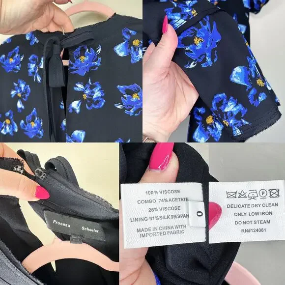 Proenza Schouler Floral Print Blue Black Tie Back Short Sleeve Mini Shift Dress - Picture 12 of 16